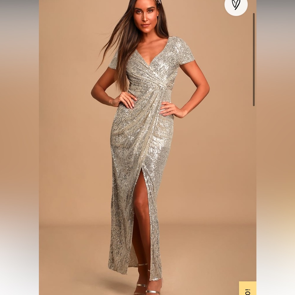 Ever New Shea Champagne Sequin Short Sleeve Faux-Wrap Maxi Dress lulus